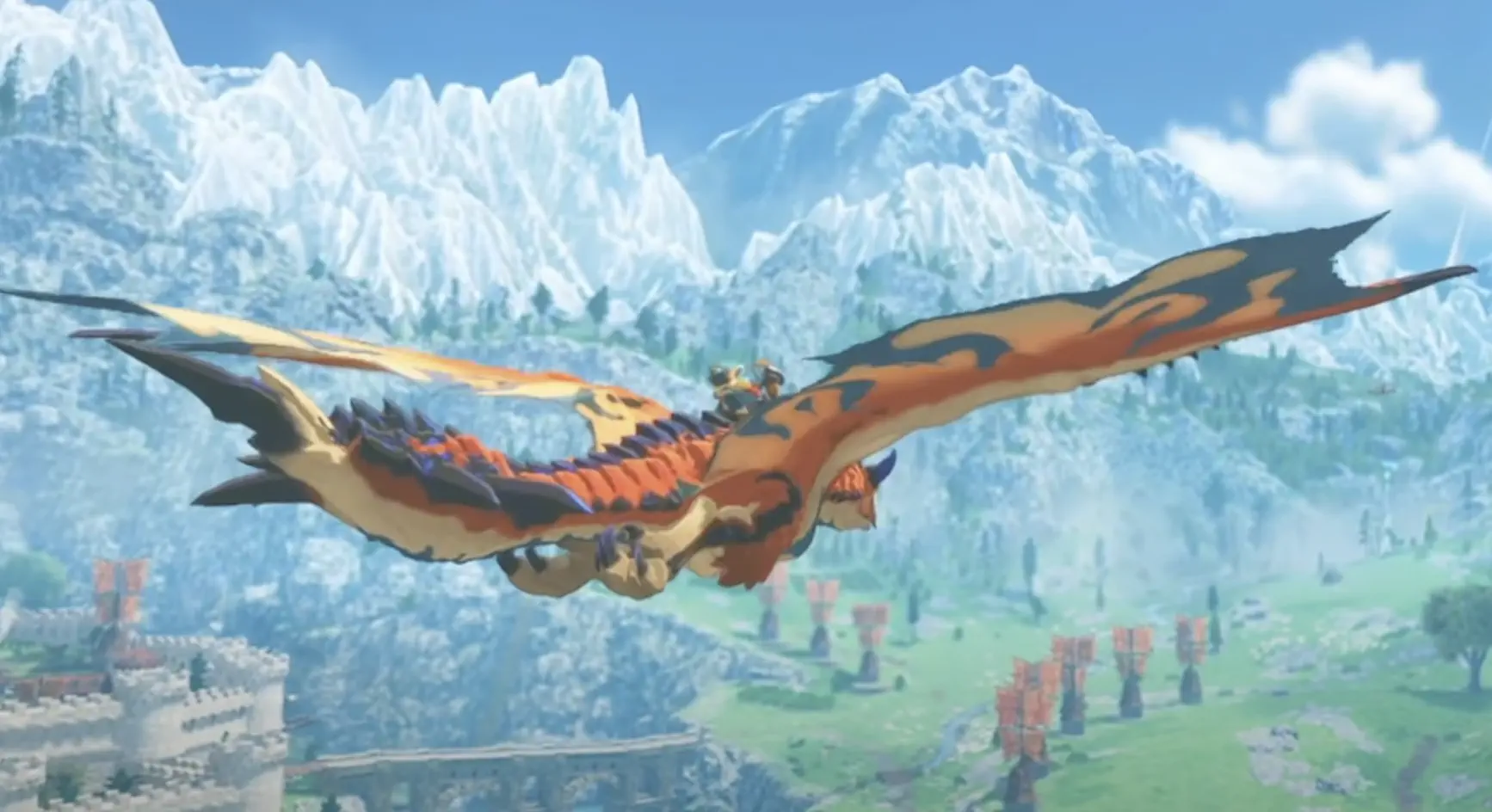 Gameplay de Monster Hunter Stories 3 mostrando o mundo e os monsties