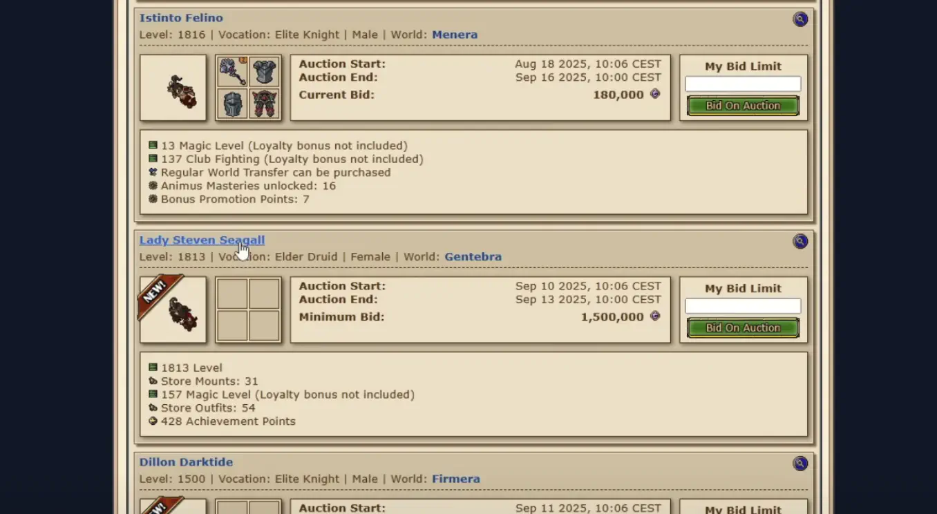 Personagem à venda no bazar de Tibia